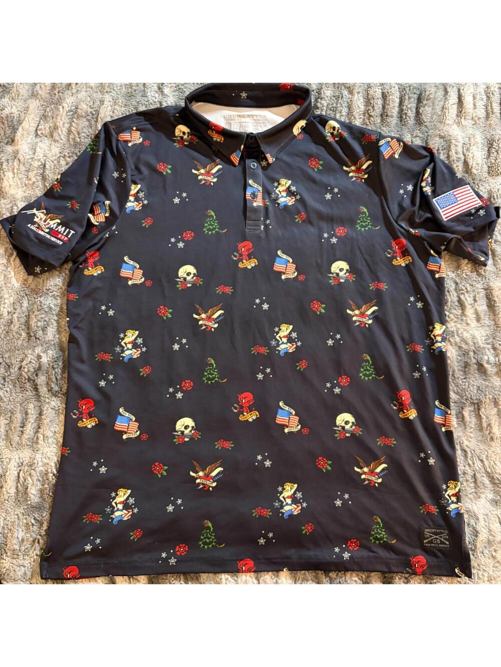 NWT Grunt Style x Summit Patriotic Tattoo Print Polo 2XL Blue Summit